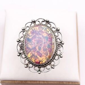 Oval Fire Opal-Effect Statement Ring in Silver-Tone